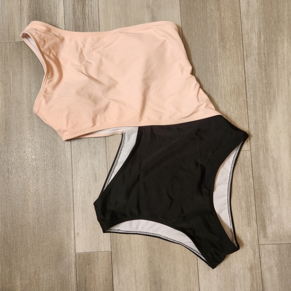 Asymmetrical swimsuit S cream pastel black colorblock one piece one shoulder new - Picture 1 of 6